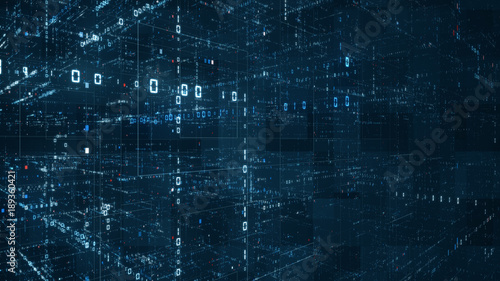 Digital binary code matrix background - 3D rendering of a scientific technology data binary code network conveying connectivity, complexity and data flood of modern digital age