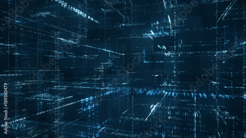 Digital binary code matrix background - 3D rendering of a scientific technology data binary code network conveying connectivity, complexity and data flood of modern digital age