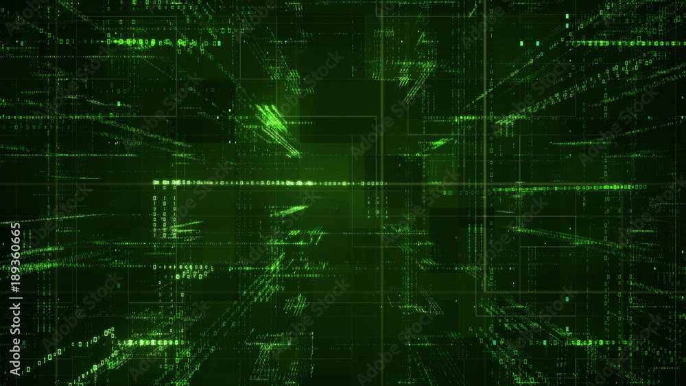 Fototapeta premium Digital binary code matrix background - 3D rendering of a scientific technology data binary code network conveying connectivity, complexity and data flood of modern digital age