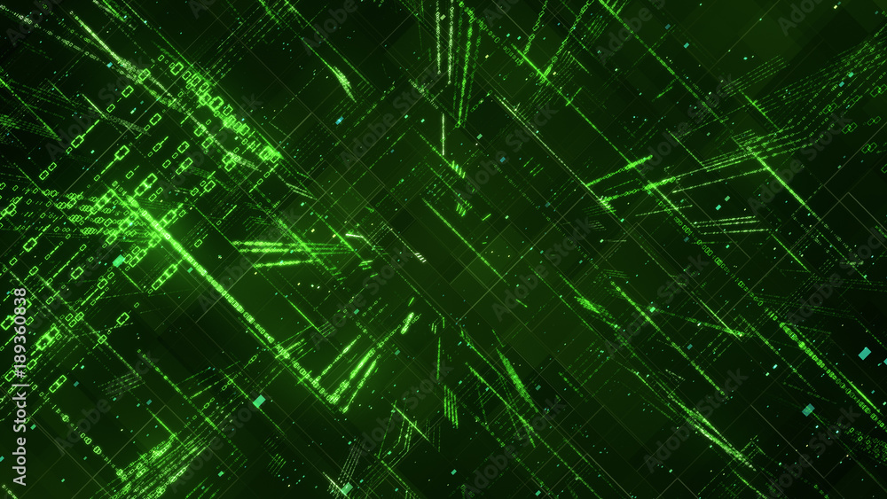 Digital binary code matrix background - 3D rendering of a scientific technology data binary code network conveying connectivity, complexity and data flood of modern digital age