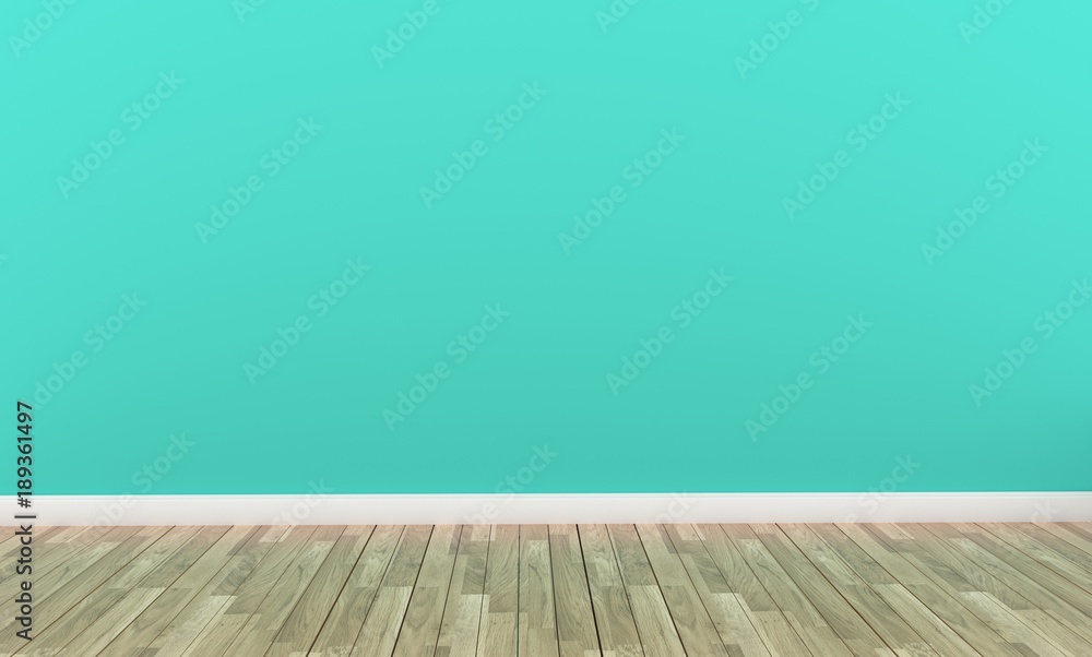Mint wall background and wooden floor on empty room. 3D rendering Stock