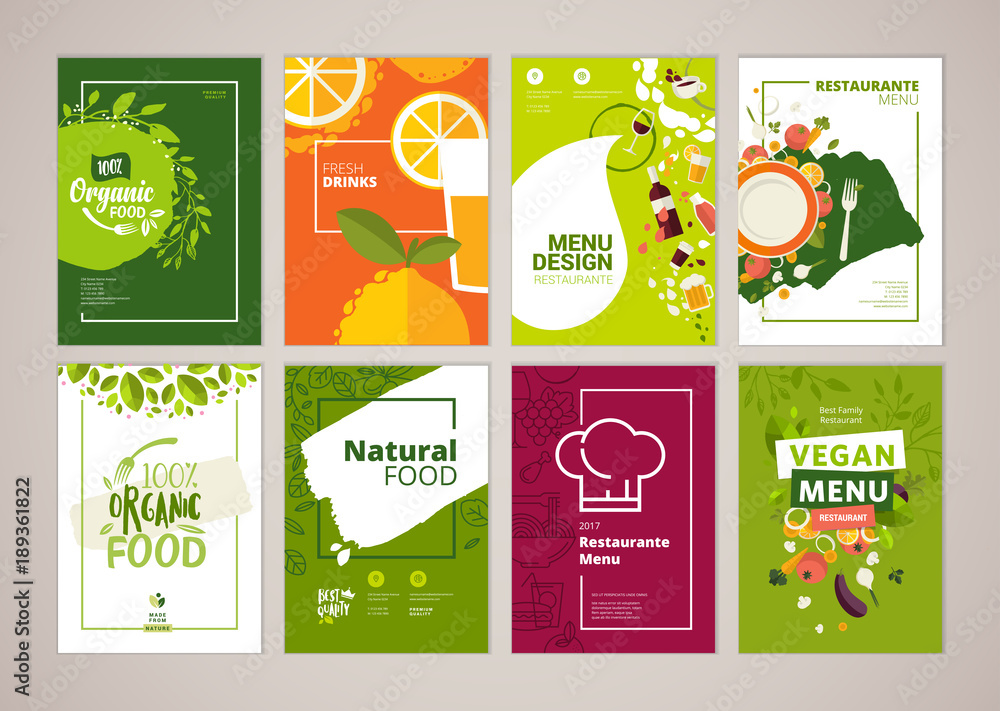 Plakat Zestaw menu restauracji, broszury, szablony projektów ulotki w formacie A4. Ilustracje wektorowe dla materiałów marketingowych żywności i napojów, reklamy, szablony prezentacji produktów naturalnych, projekt okładki.