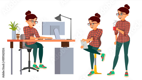 Business Woman Character Vector. Working Female, Girl. Team Room. Desk. Brainstorming. Environment Process. Start Up Office. Programmer, Designer. Lifestyle Situations. Isolated Character Illustration
