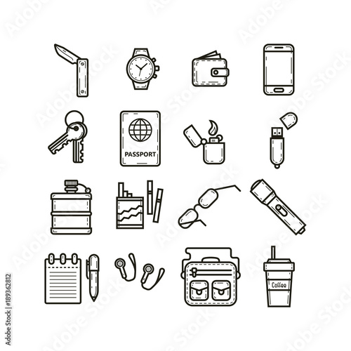 set of black and white linear icons for everyday use