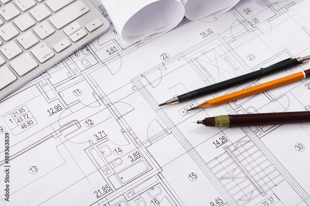 Architectural project, engineering tools on table. Architectural project, engineering tools on table.