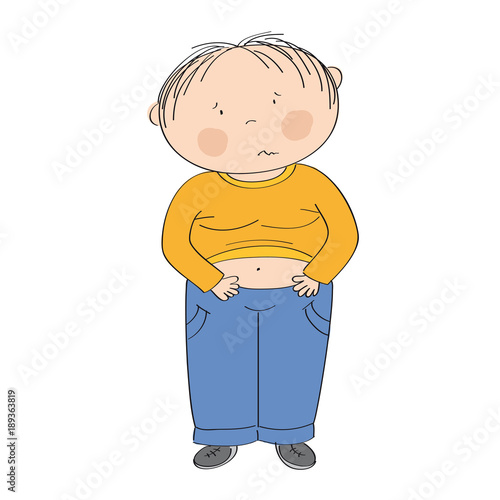 Unhappy little fat boy standing and looking sick. Diet failure. Stop obesity. Original hand drawn illustration.