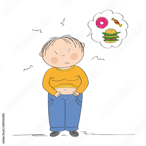 Fat boy suffering from stomach ache after he has eaten too much. Diet failure. Children obesity concept. Original hand drawn illustration.
