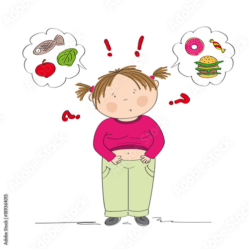 Dubious fat girl thinking of food, trying to decide what to eat - whether healthy or unhealthy food - original hand drawn illustration