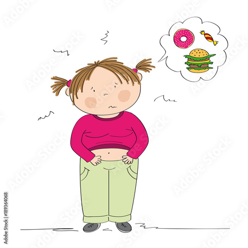 Fat girl suffering from stomach ache after she has eaten too much. Diet failure. Children obesity concept. Original hand drawn illustration.
