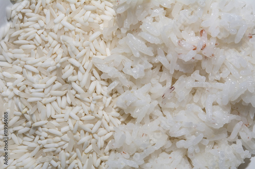 Cooked rice with rice in one dish , Macro image