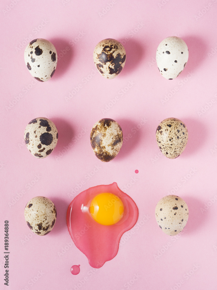 Quail eggs on pink background. Shot from above. Food mishap