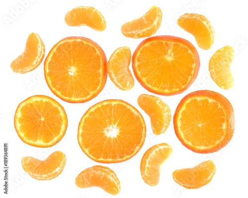 Ripe cut and slice tangerines top view isolated