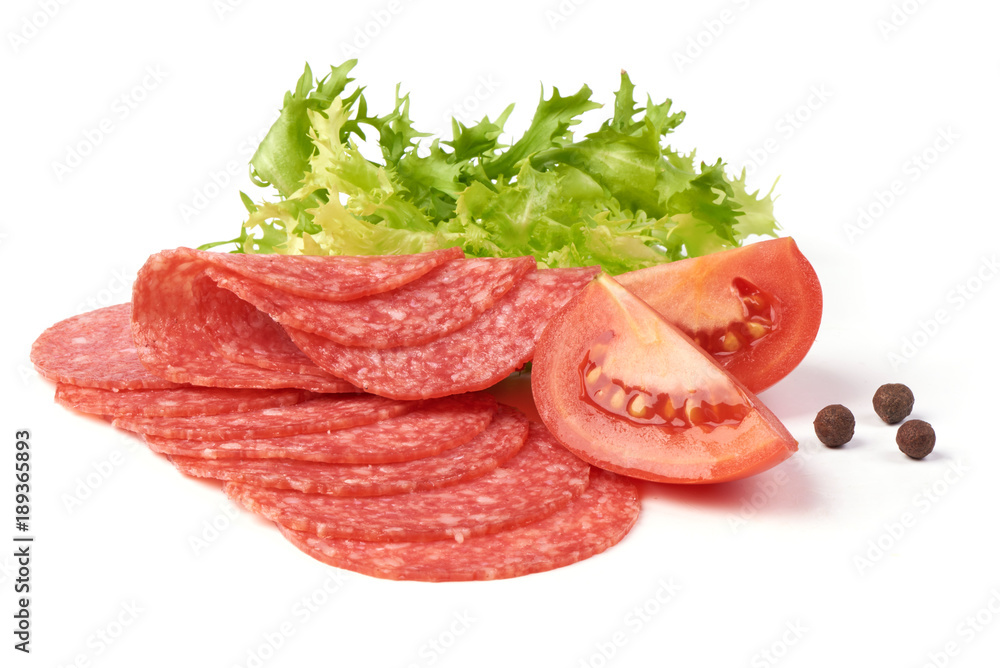 Smoked salami with green lettuce, tomatoes and spices, isolated on the white background. Smoked salami with green lettuce, tomatoes and spices, isolated on the white background.