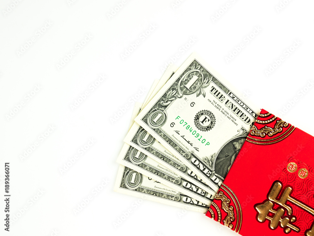 Red envelope isolated on white background with dollar money for