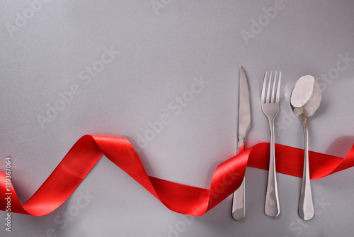 Menu background for restaurant with cutlery on gray table