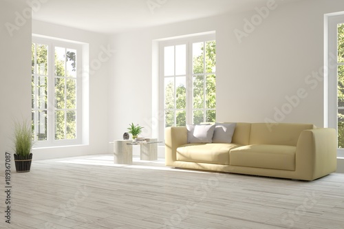 Idea of white room with sofa and summer landscape in window. Scandinavian interior design. 3D illustration