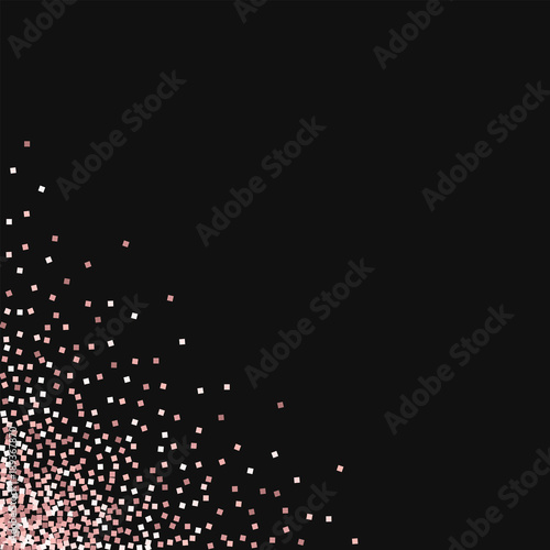 Pink gold glitter. Messy bottom left corner with pink gold glitter on black background. Glamorous Vector illustration.