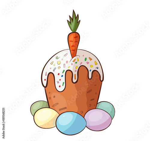 Easter cake with carrot and colored eggs isolated on white background
