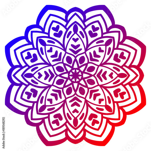 Colorful gradient round element. Mandala. Ornamental doodle flower isolated on white background. Vector illustration.