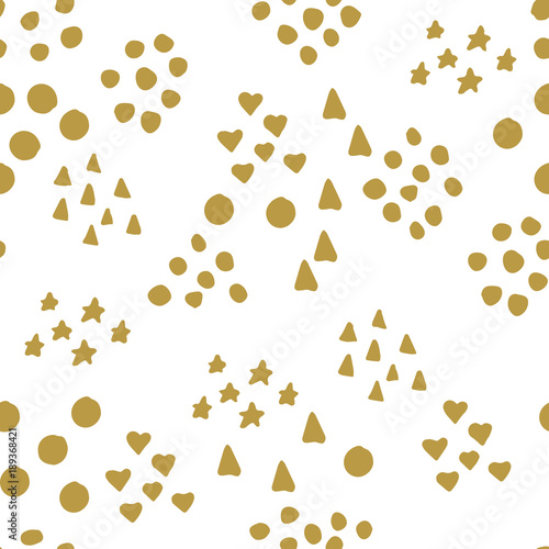 Abstract seamless pattern with cute gold chaotic small circles, stars, hearts and triangles on white. Infinity geometric pattern. Vector illustration.  