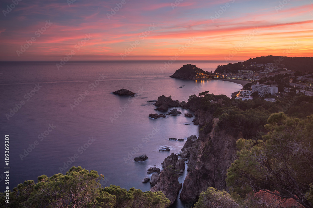 Great sunset in village of Tossa de Mar, Costa Brava. Spain.