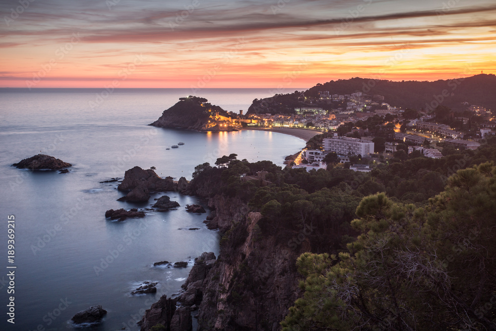 Great sunset in village of Tossa de Mar, Costa Brava. Spain.