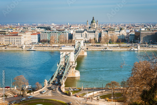 The Szechenyi Chain Bridge in Budapest, Hungary.
