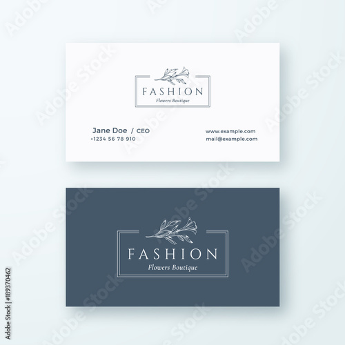 Abstract Fashion Vector Sign or Logo and Business Card Template. Premium Stationary Realistic Mock Up. Modern Typography and Soft Shadows. Good for Flower Boutique, Wedding Business.