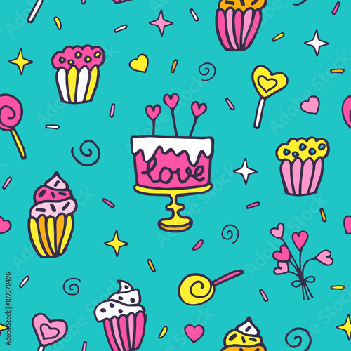 Seamless vector pattern with sweet elements in doodle stile. Hand drawn background for wrapping paper  textile  web page background  packaging  poster  banner.