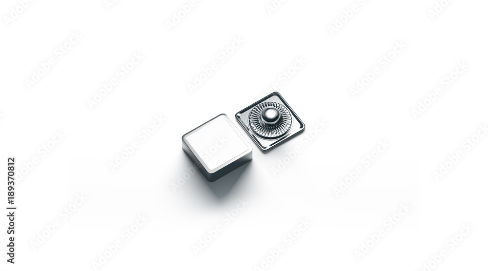 Blank square white metal snap button mockup isolated, 3d rendering. Empty clothing jeans clasp mock up, front and back side view. Clear metallic fastener for dressmaking and cloth branding. Blank square white metal snap button mockup isolated, 3d rendering. Empty clothing jeans clasp mock up, front and back side view. Clear metallic fastener for dressmaking and cloth branding.