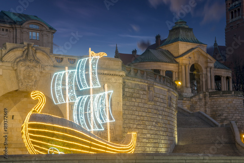 Szczecin, Poland-December 2017: Haken terraces decorated with Christmas illuminations