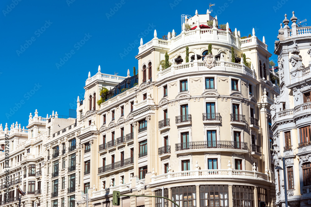 Obraz premium Historical buildings at the Gran Via in Madrid, Spain