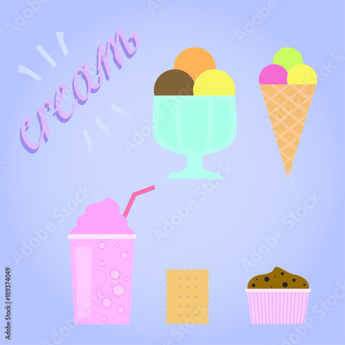 Set of delicious desserts. Sweet ice cream, muffin and milkshake. Isolated vector dessert icons. Colorful illustration