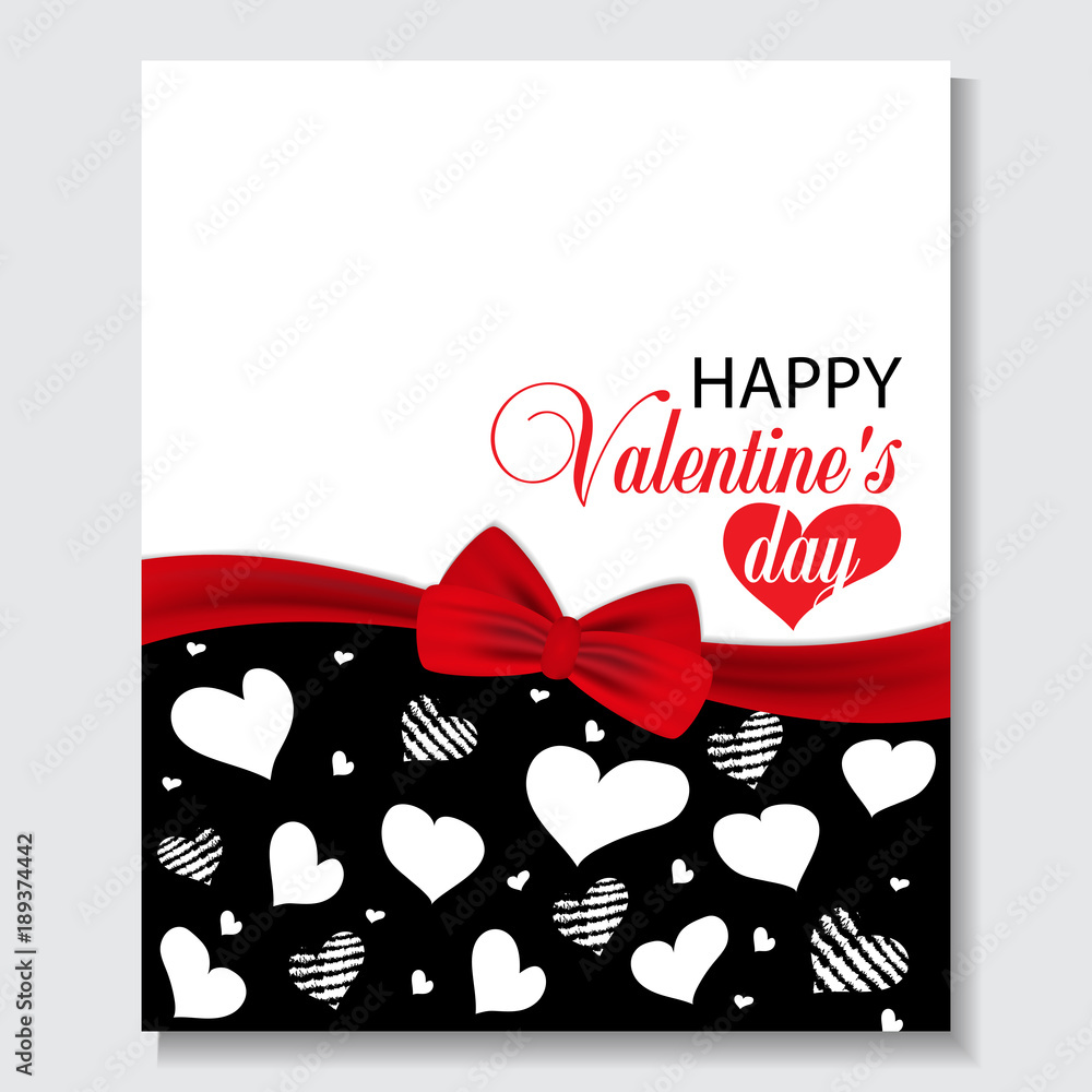 Fototapeta Holiday black background with hearts and red ribbon bow Valentines day etc. Design for posters, banners or cards. Vector illustration.