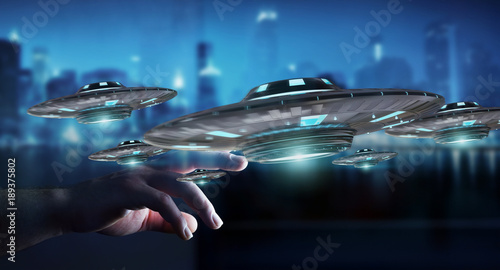Fototapeta Naklejka Na Ścianę i Meble -  Businessman with retro UFO spaceship 3D rendering