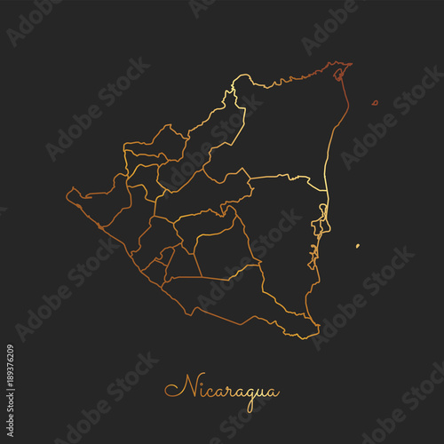 Nicaragua region map: golden gradient outline on dark background. Detailed map of Nicaragua regions. Vector illustration.