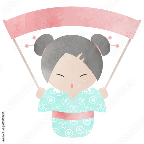 KOKESHI DOLL WITH BANNER IN WATERCOLOR EFFECT