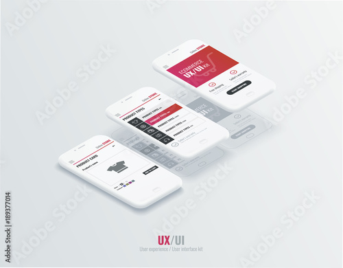 A conceptual mobile phones with a mobile app pagese and website wireframe. User experience, user interface in e-commerce. Website wireframe for mobile apps. 
