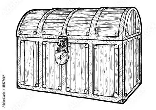 Treasure chest illustration, drawing, engraving, ink, line art, vector