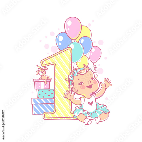 One year girl sitting near large number 1. First year celebration. Little girl's birthday party. Happy girl wearing tutu skirt. Air balloons, gifts, crown, bright colors. Vector illustration.