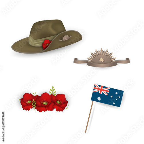 Set of australian flag, Anzac australian army slouch hat with red poppy, Decorative anzac poppies flowers isolated. Design elements for Anzac Day or Remembrance Armistice Day.