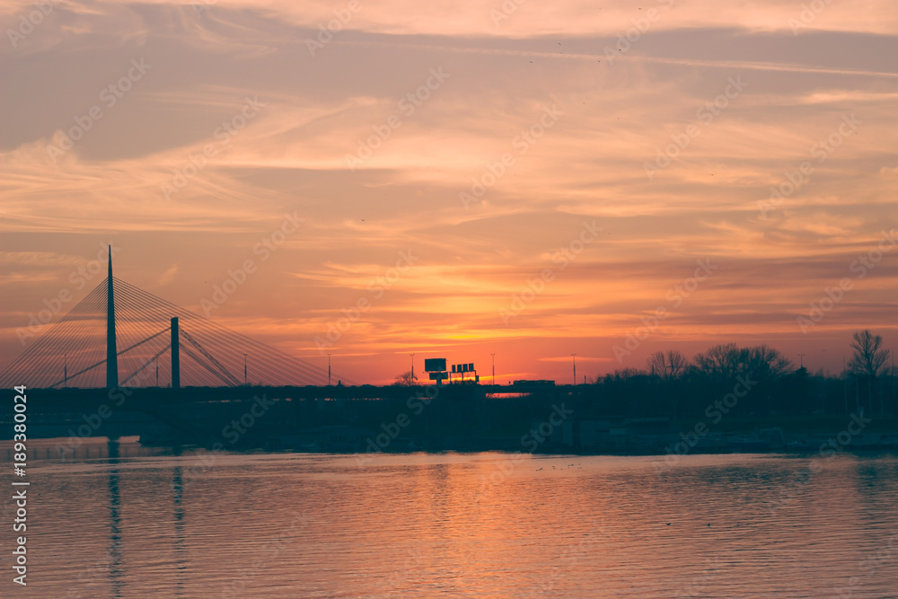 Sunset over the river and bridge, Belgrade, Serbia