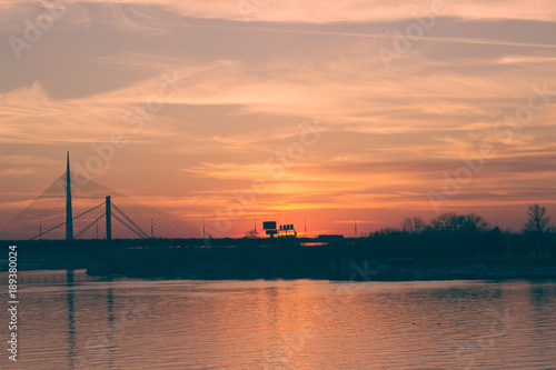 Sunset over the river and bridge, Belgrade, Serbia