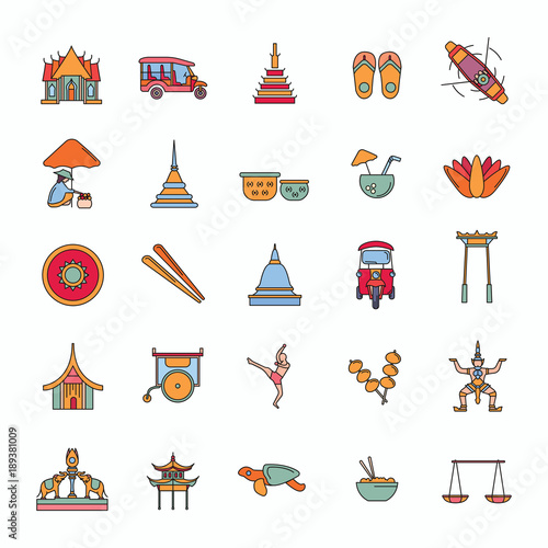 Thailand line icons set isolated on white background. Vector illustration with Thailand architecture, food and culture elements web icons in cartoon style.