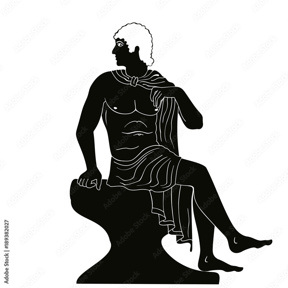 Ancient Greek man sits on a rock and looks away. Vector black pattern ...