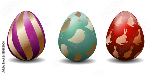 Happy Easter.Set of Easter eggs with different texture on a white background.Spring holiday. Vector Illustration.Happy easter eggs