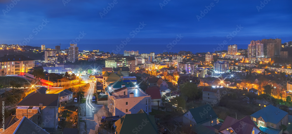 Fototapeta premium Night panorama of the microdistrict Mamaika. Sochi, Russia
