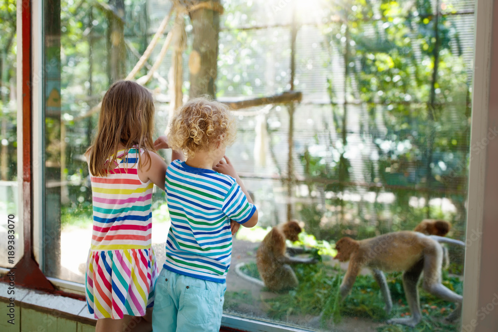 Fototapeta premium Boy and girl with monkey at zoo. Kids and animals.