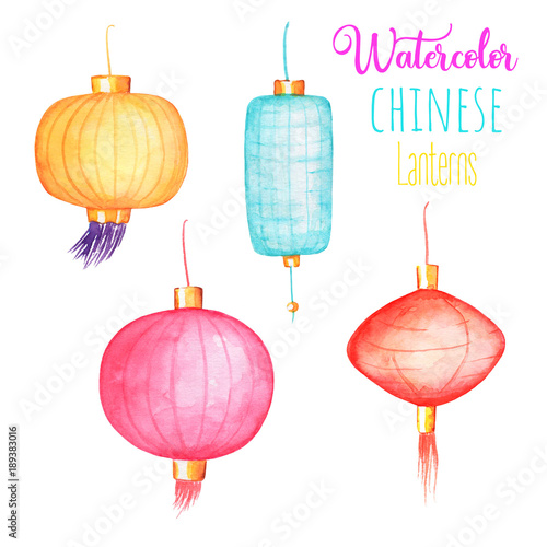 Chinese lanterns isolated on white background. China New Year postcard.