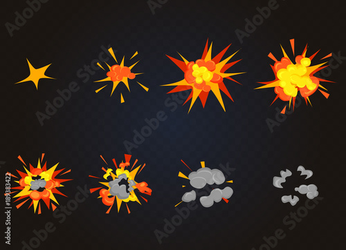 Top view of vector flash explosion effect, bomb boom. Cartoon explosion animation game frames.